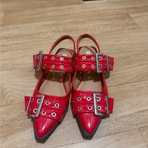 Red Grommet Buckle Slingback Flats, Size 10